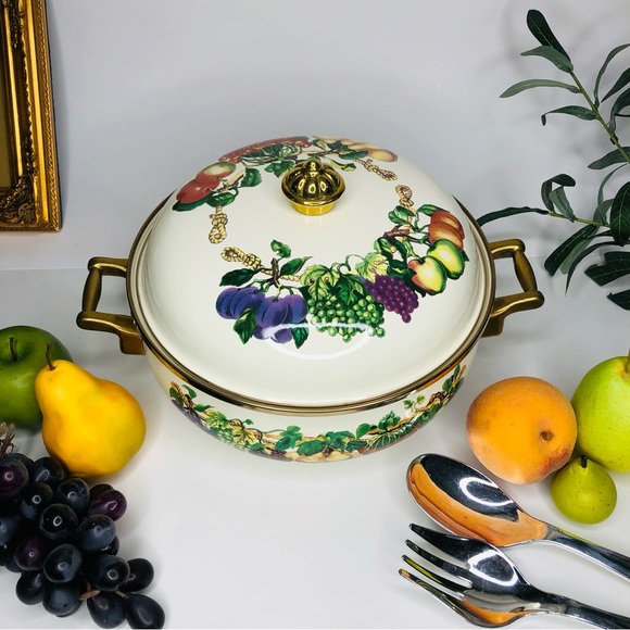 KENSINGTON Pot Tabletops Unlimited Fruits 4 Quart Brass Gold Knot Handle Trim - Picture 2 of 11